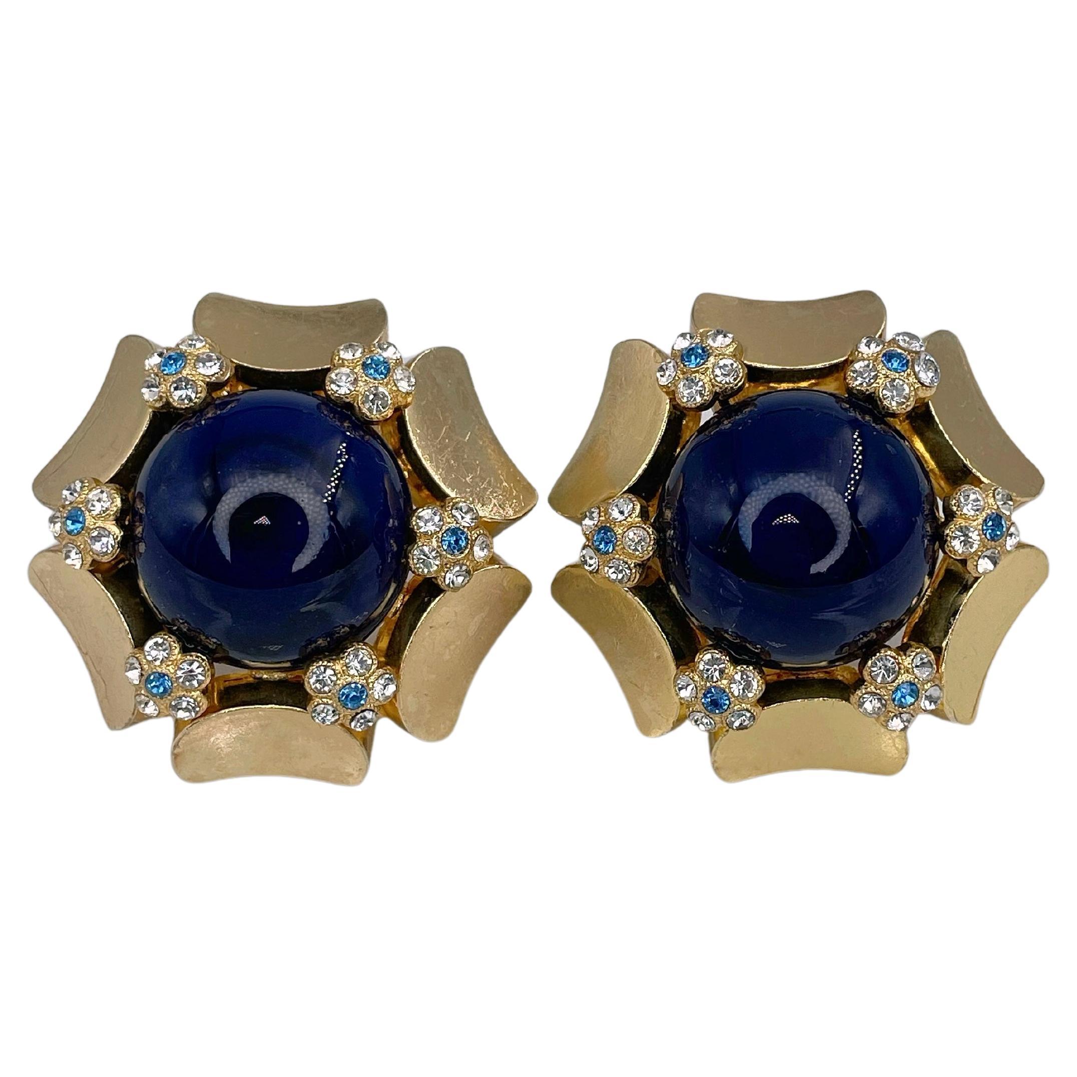 1967 Vintage Christian Dior Gold Tone Blue Glass Crystal Floral Clip On Earrings For Sale