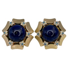 1967 Retro Christian Dior Gold Tone Blue Glass Crystal Floral Clip On Earrings