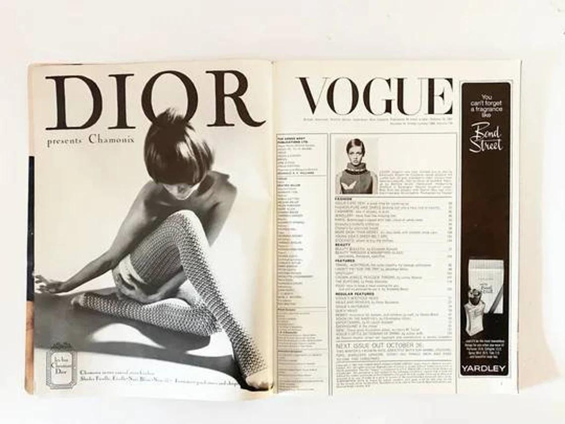 A prestigious archive of British VOGUE © The Condé Nast Publications Lt, an original copy of Vogue UK magazine from the 15th of October 1967, presented in good antique condition, includes feature articles on Twiggy by Traeger, The Burtons,
