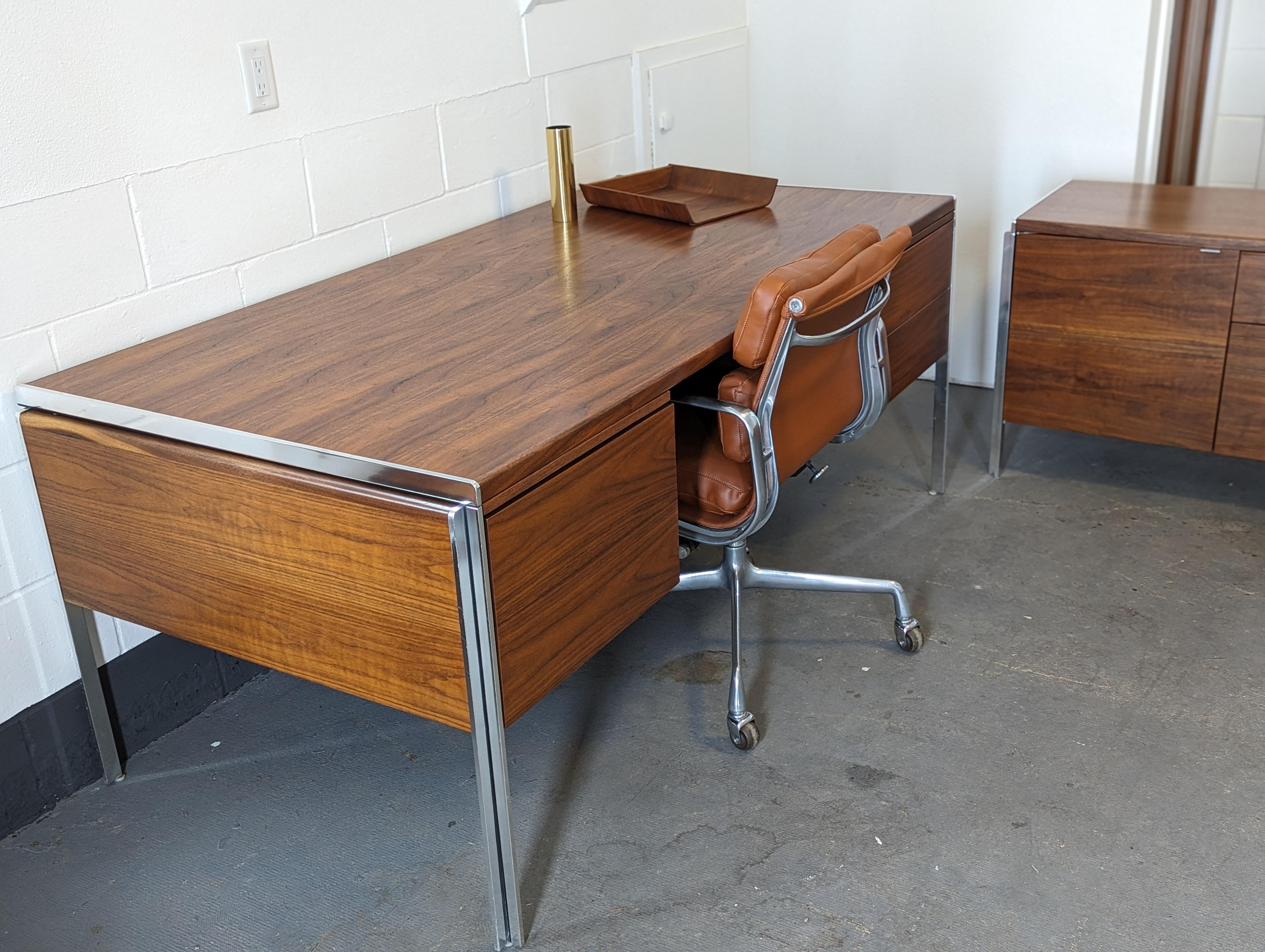 Matching executive office suite designed by Alexis Yermakov for Stow Davis in 1968 as part of the Electa line.

Stunning walnut color and figure present on this expansive executive desk designed by Alexis Yermakov for Stow Davis' 