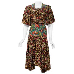 1970 Alice Pollock for Quorum Floral Print Rayon Flutter Sleeve Bias-Cut Dress