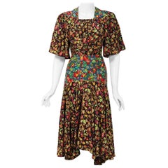 1970 Alice Pollock for Quorum Floral Print Rayon Flutter Sleeve Bias-Cut Dress 