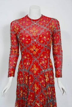 1968 Arnold Scaasi Couture Red Embroidered Sequin Indian Silk Long-Sleeve Dress