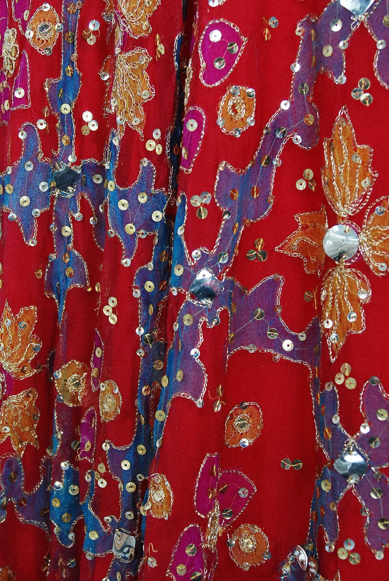 1968 Arnold Scaasi Couture Red Embroidered Sequin Indian Silk Long-Sleeve Dress In Excellent Condition In Beverly Hills, CA