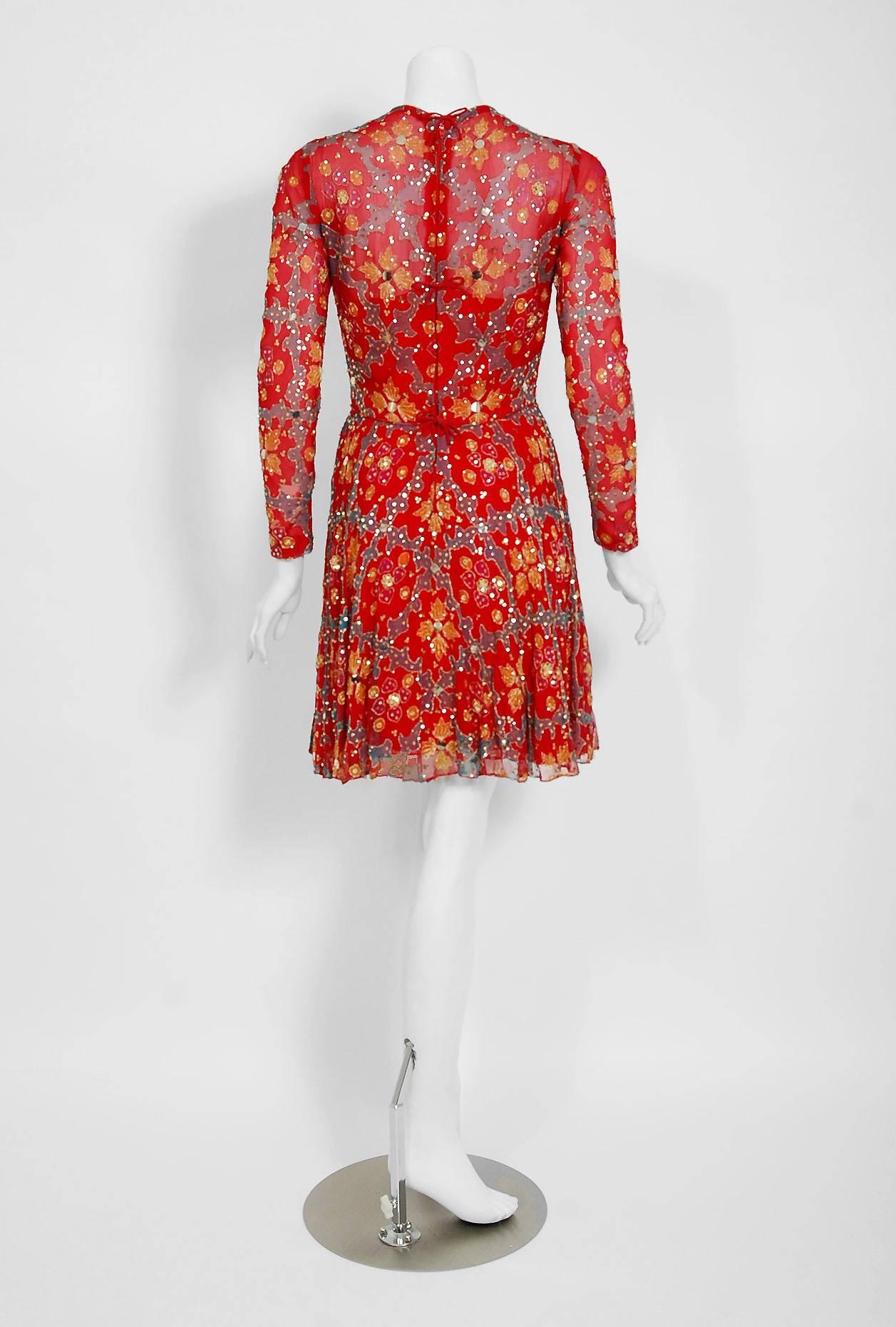 1968 Arnold Scaasi Couture Red Embroidered Sequin Indian Silk Long-Sleeve Dress 1