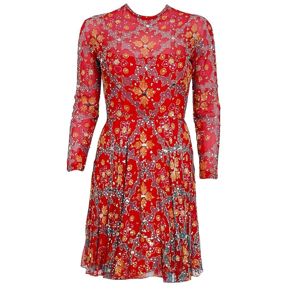 1968 Arnold Scaasi Couture Red Embroidered Sequin Indian Silk Long-Sleeve Dress