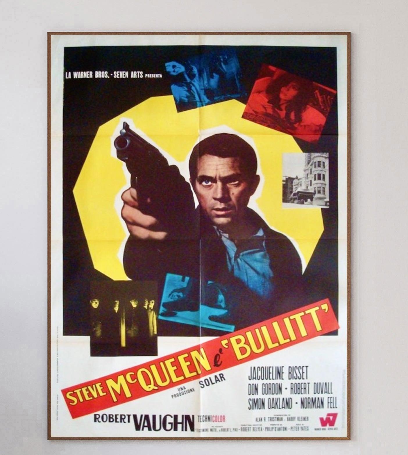 Depicting the iconic image of McQueen in the titular role, this extremely rare and stunningly designed poster for Bullitt is a treasure from the mid-century. This extra-large and vibrant design is from the original release of the film in Italy, and