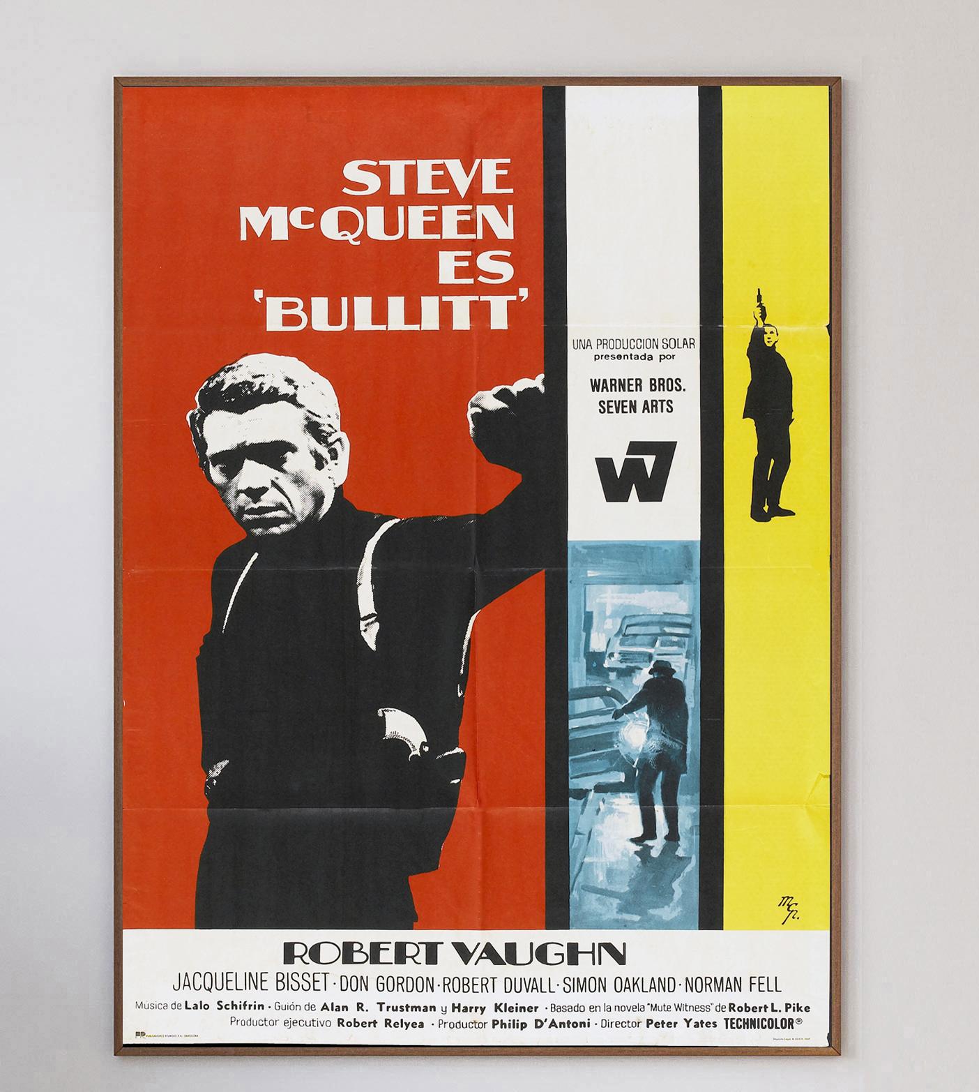 Représentant l'image iconique en noir et blanc de McQueen dans le rôle principal, cette affiche extrêmement rare et superbement conçue pour Bullitt est un trésor du milieu du siècle dernier.

Sorti en 1968, le thriller d'action Bullitt de Peters a