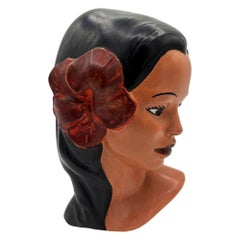 1968 California Art Pottery Hawaiian Polynesian Hula Girl Bust Statue, Signed