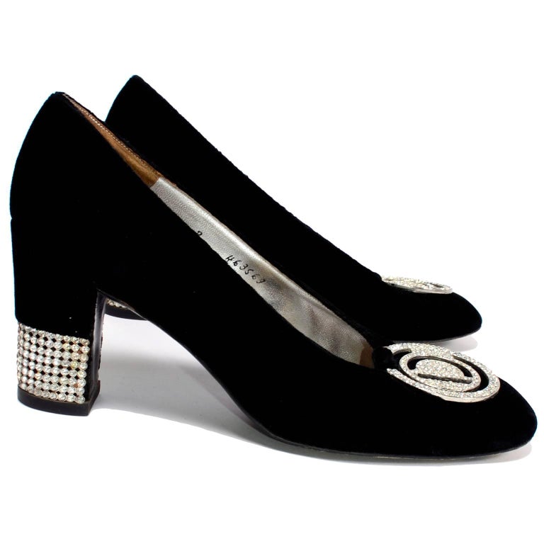 1968 Christian Dior Black Velvet Shoes With Rhinestone Heels and CD Logo Buckle For Sale at 1stdibs