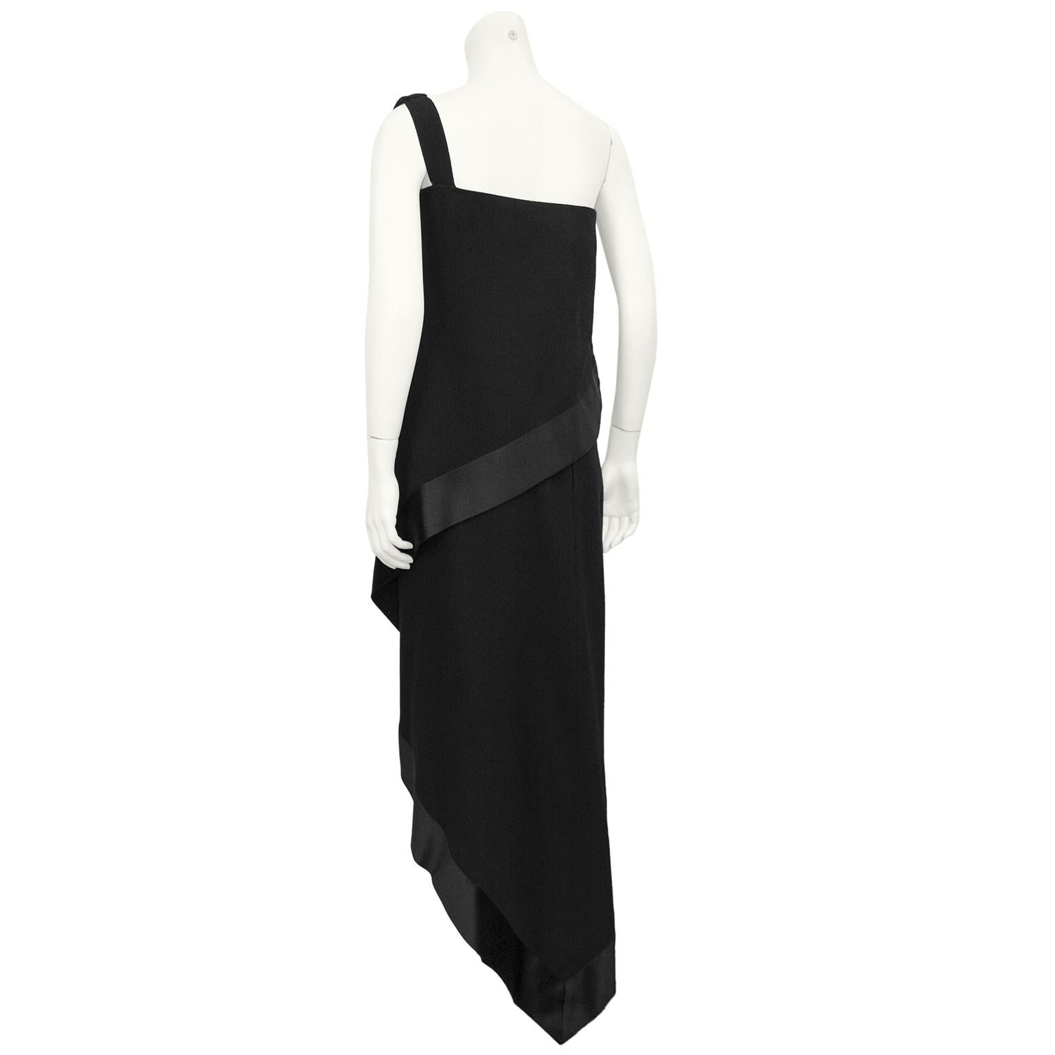 1968 Christian Dior Black Wool Crepe One Shoulder Wrapped Evening Dress In Good Condition In Toronto, Ontario