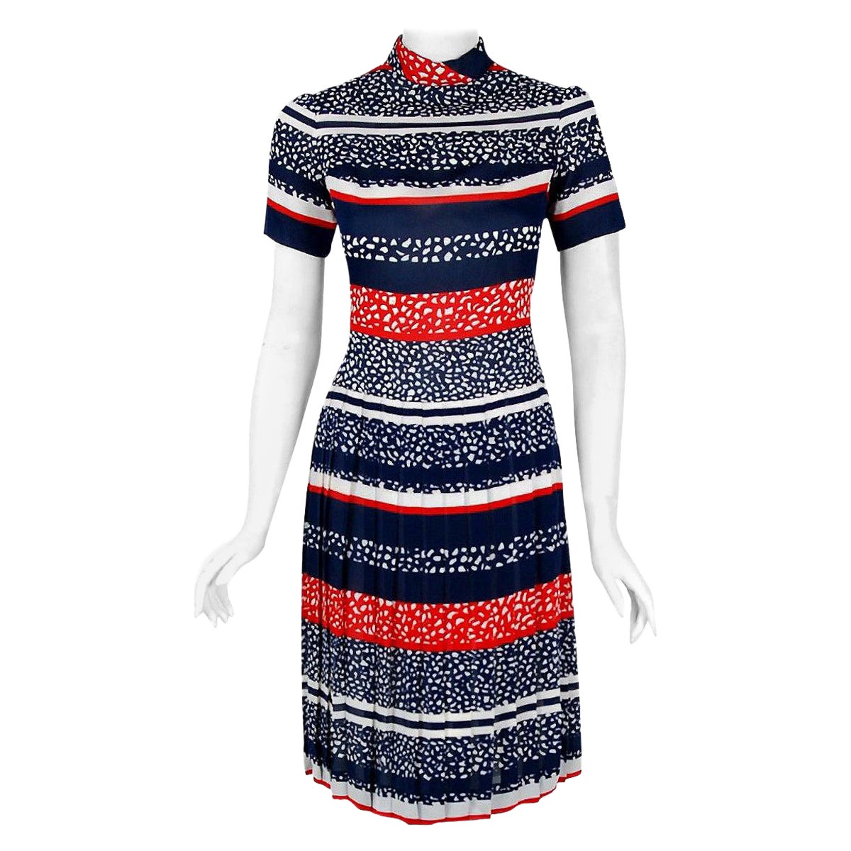 1968 Christian Dior Couture London Stripe Silk Pleated Drop-Waist Mod Dress For Sale