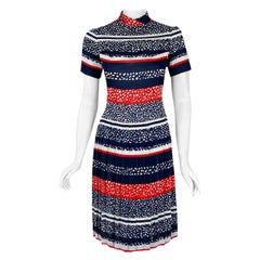 1968 Christian Dior Couture London Stripe Silk Pleated Drop-Waist Mod Dress