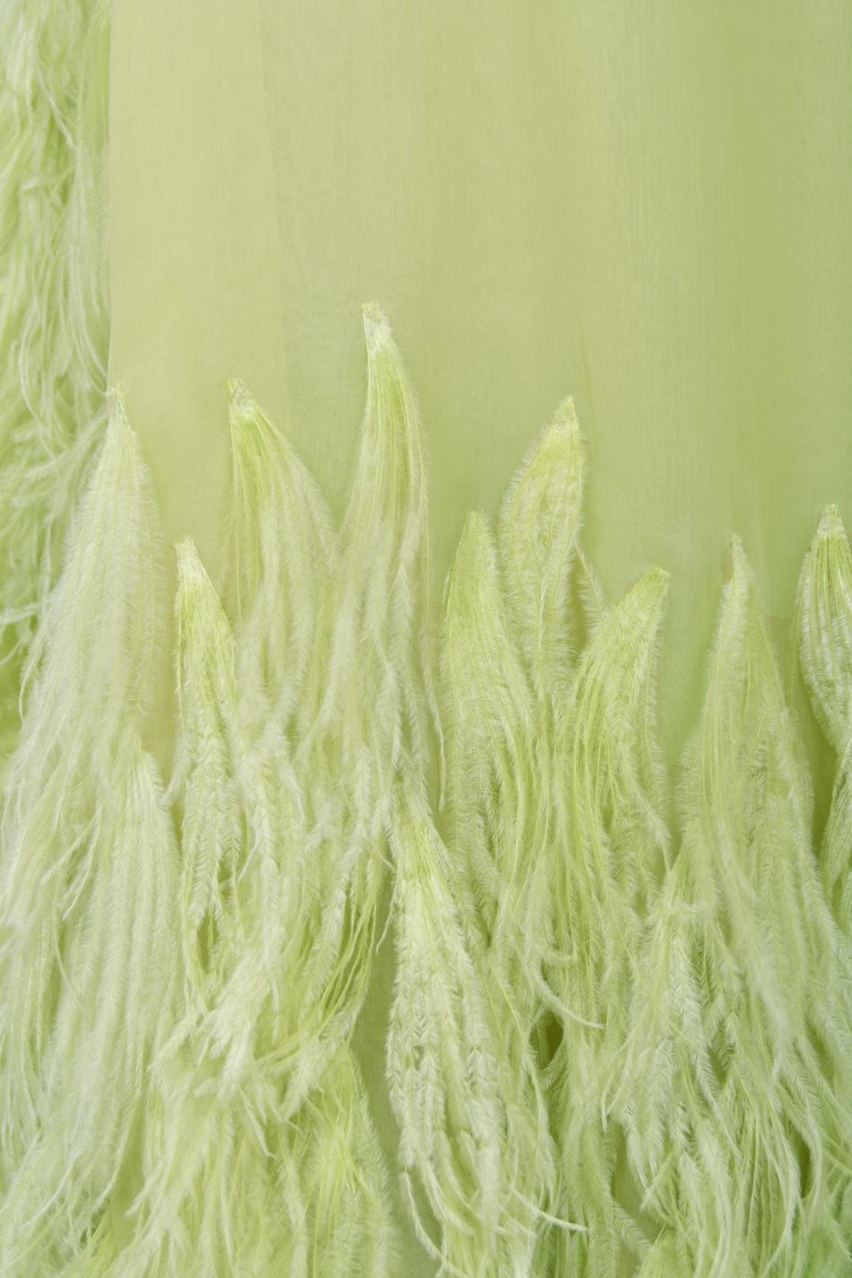 1968 Christian Dior Haute Couture Maria Felix Owned Chartreuse Silk Feather Gown For Sale 5