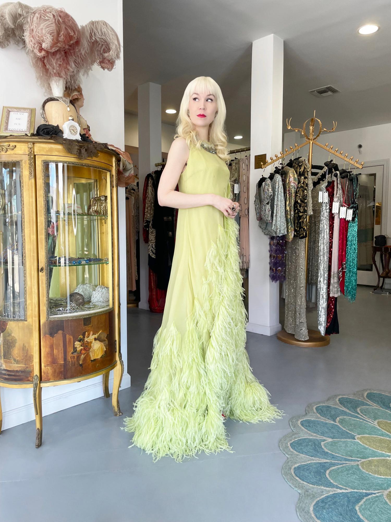 1968 Christian Dior Haute Couture Maria Felix Owned Chartreuse Silk Feather Gown For Sale 7