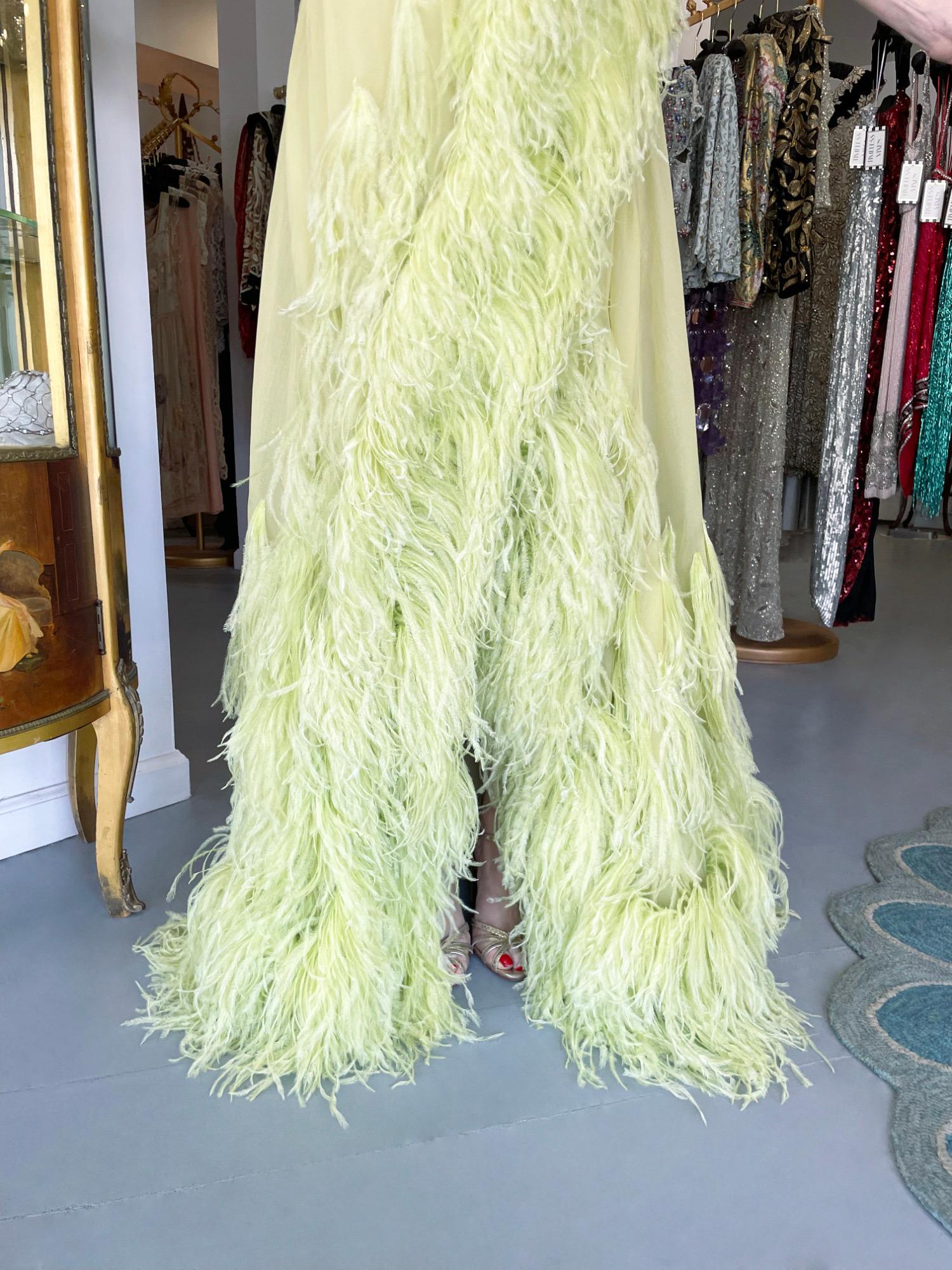 1968 Christian Dior Haute Couture Maria Felix Owned Chartreuse Silk Feather Gown For Sale 8