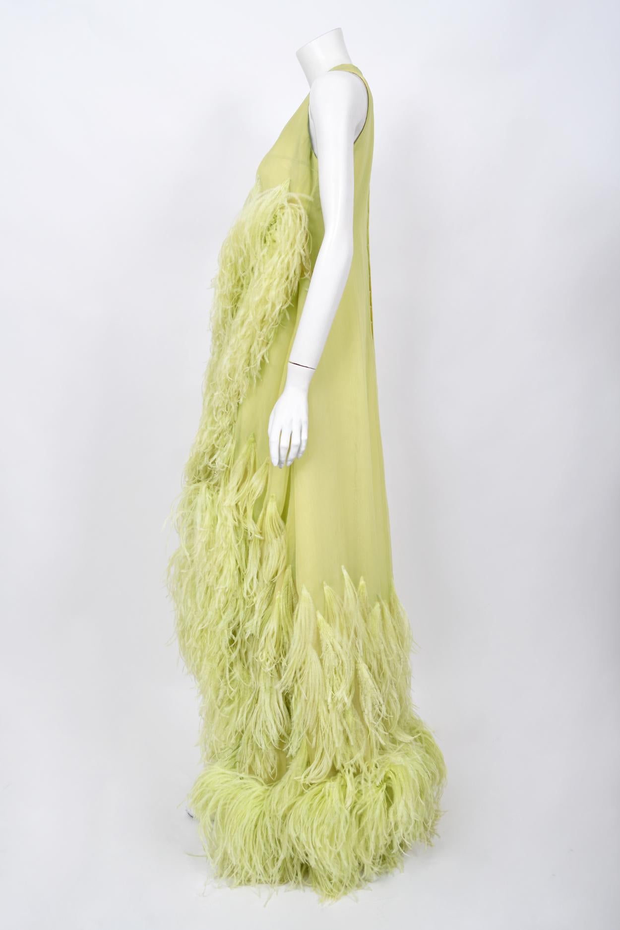 1968 Christian Dior Haute Couture Maria Felix Owned Chartreuse Silk Feather Gown For Sale 9
