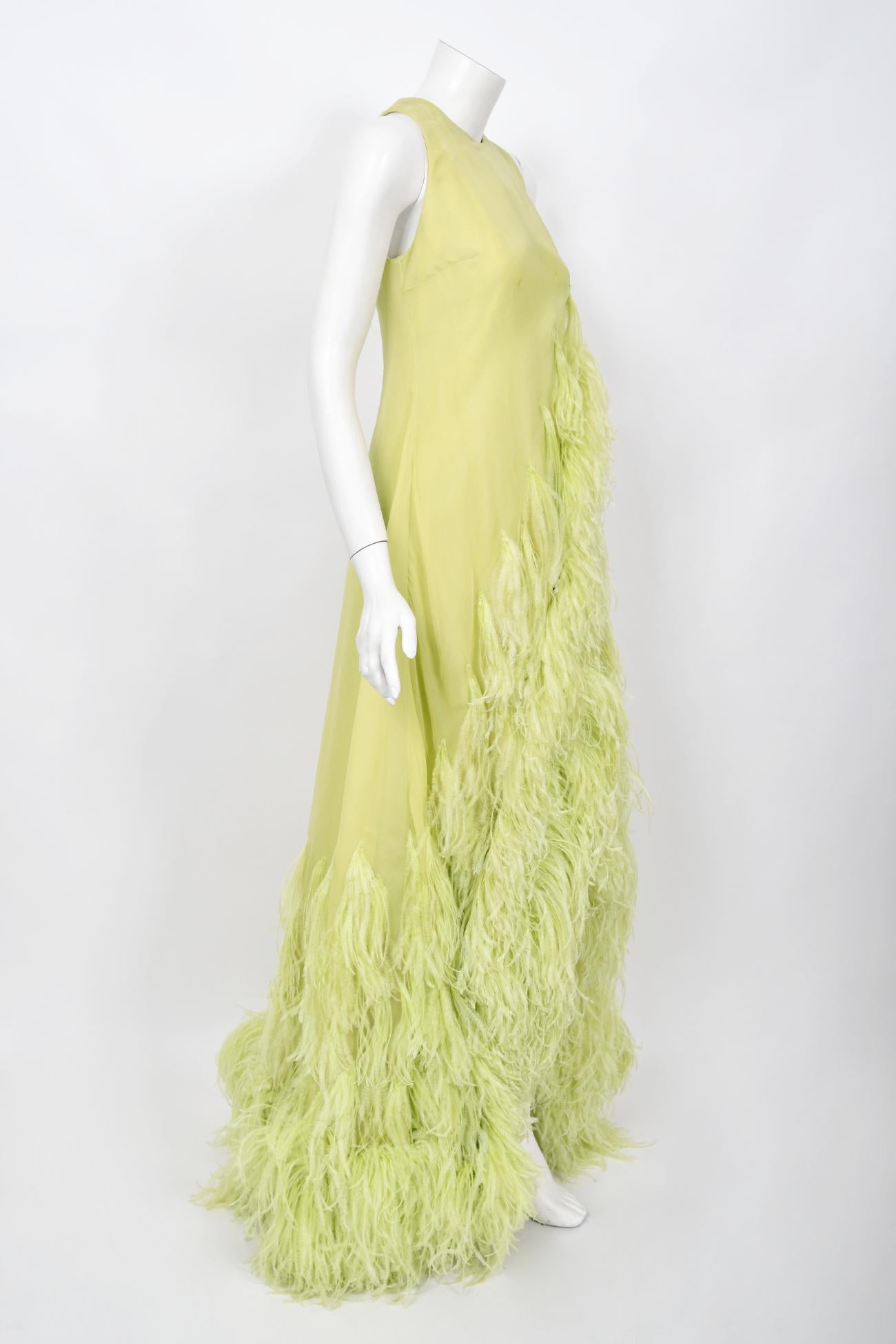 1968 Christian Dior Haute Couture Maria Felix Owned Chartreuse Silk Feather Gown For Sale 10