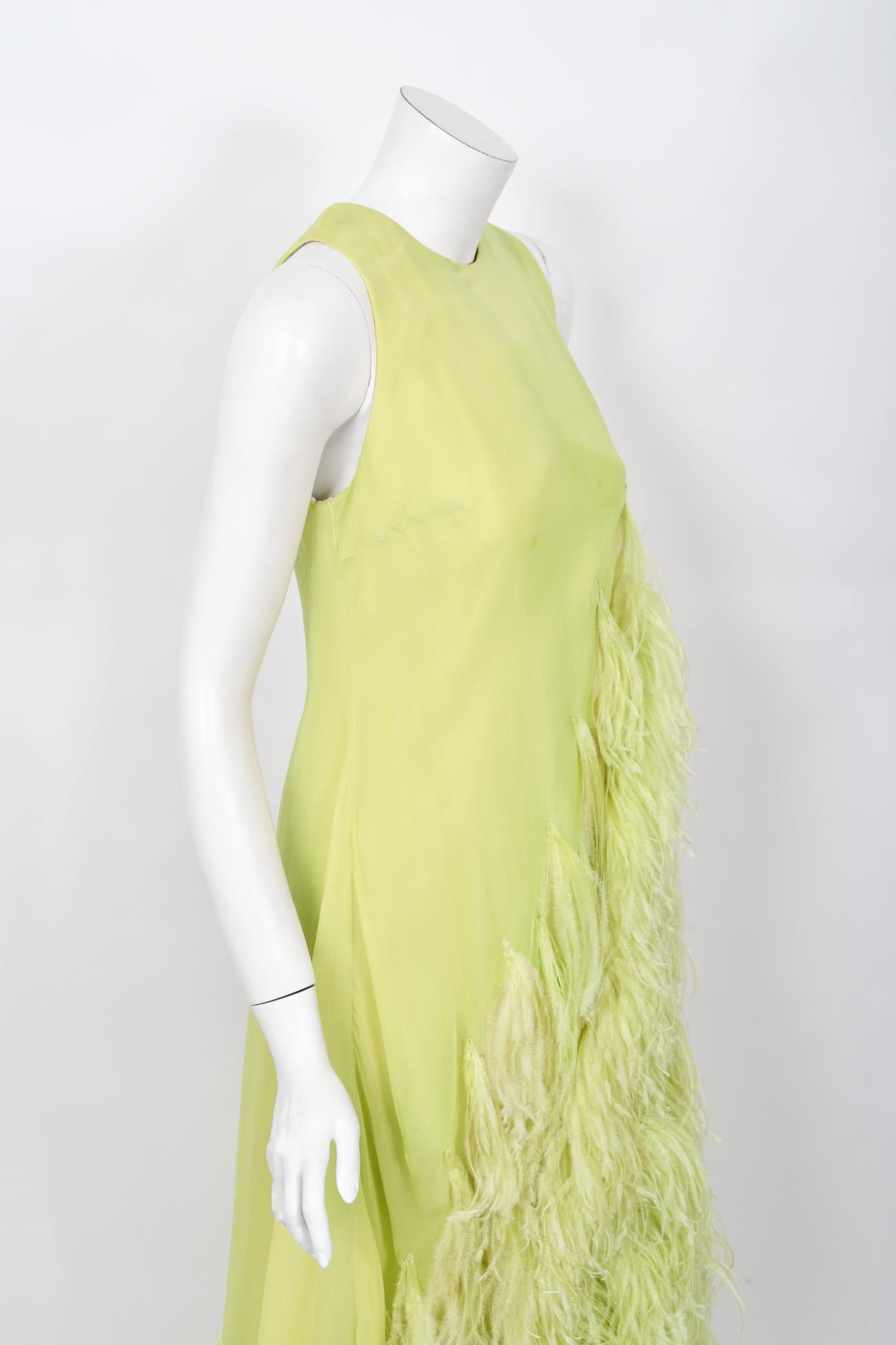 1968 Christian Dior Haute Couture Maria Felix Owned Chartreuse Silk Feather Gown For Sale 11