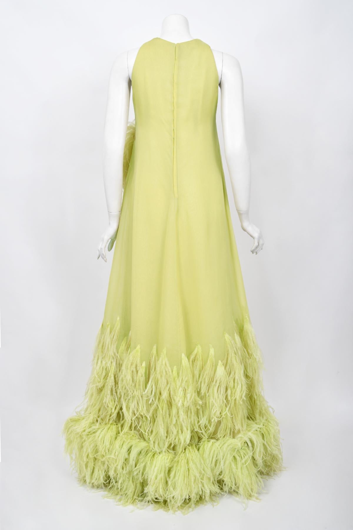 1968 Christian Dior Haute Couture Maria Felix Owned Chartreuse Silk Feather Gown For Sale 12