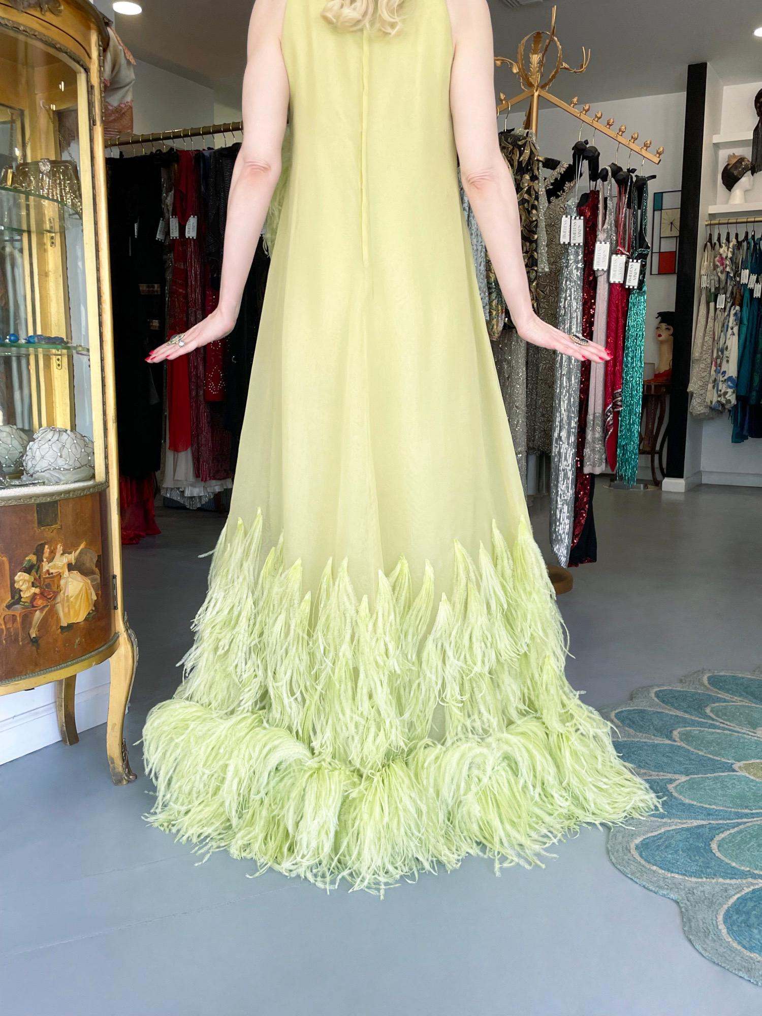 1968 Christian Dior Haute Couture Maria Felix Owned Chartreuse Silk Feather Gown For Sale 13