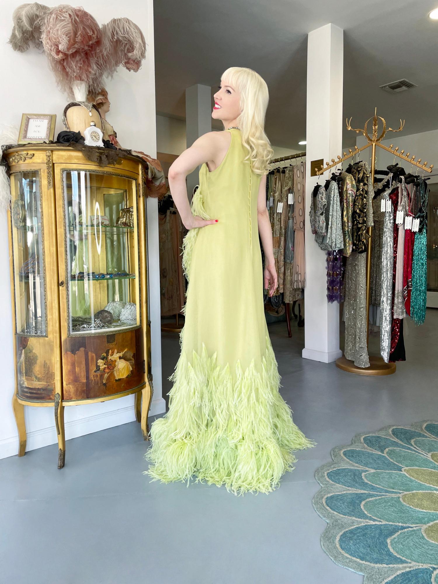 1968 Christian Dior Haute Couture Maria Felix Owned Chartreuse Silk Feather Gown For Sale 14