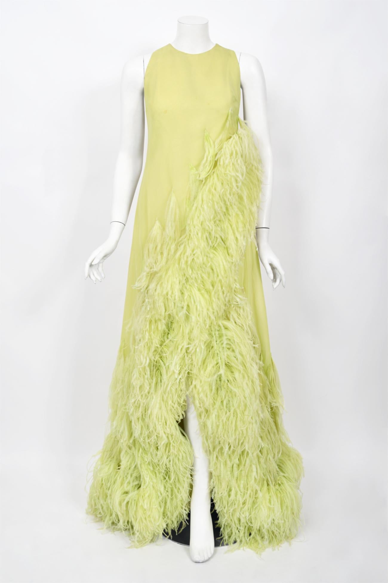 1968 Christian Dior Haute Couture Maria Felix Owned Chartreuse Silk Feather Gown In Good Condition For Sale In Beverly Hills, CA