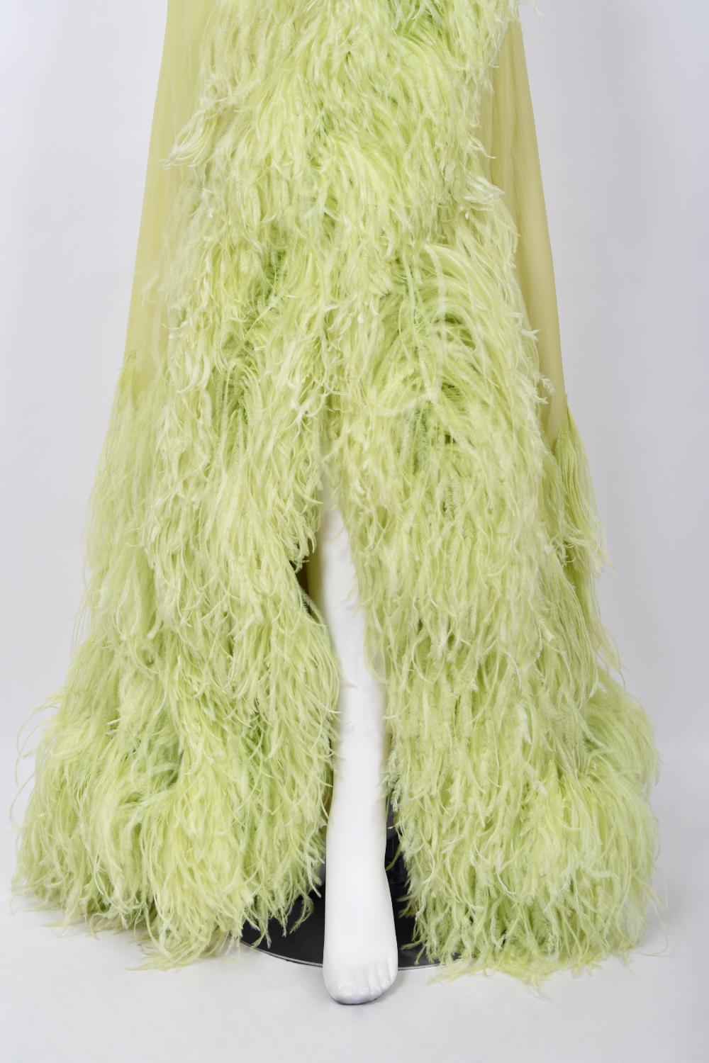 Women's 1968 Christian Dior Haute Couture Maria Felix Owned Chartreuse Silk Feather Gown For Sale