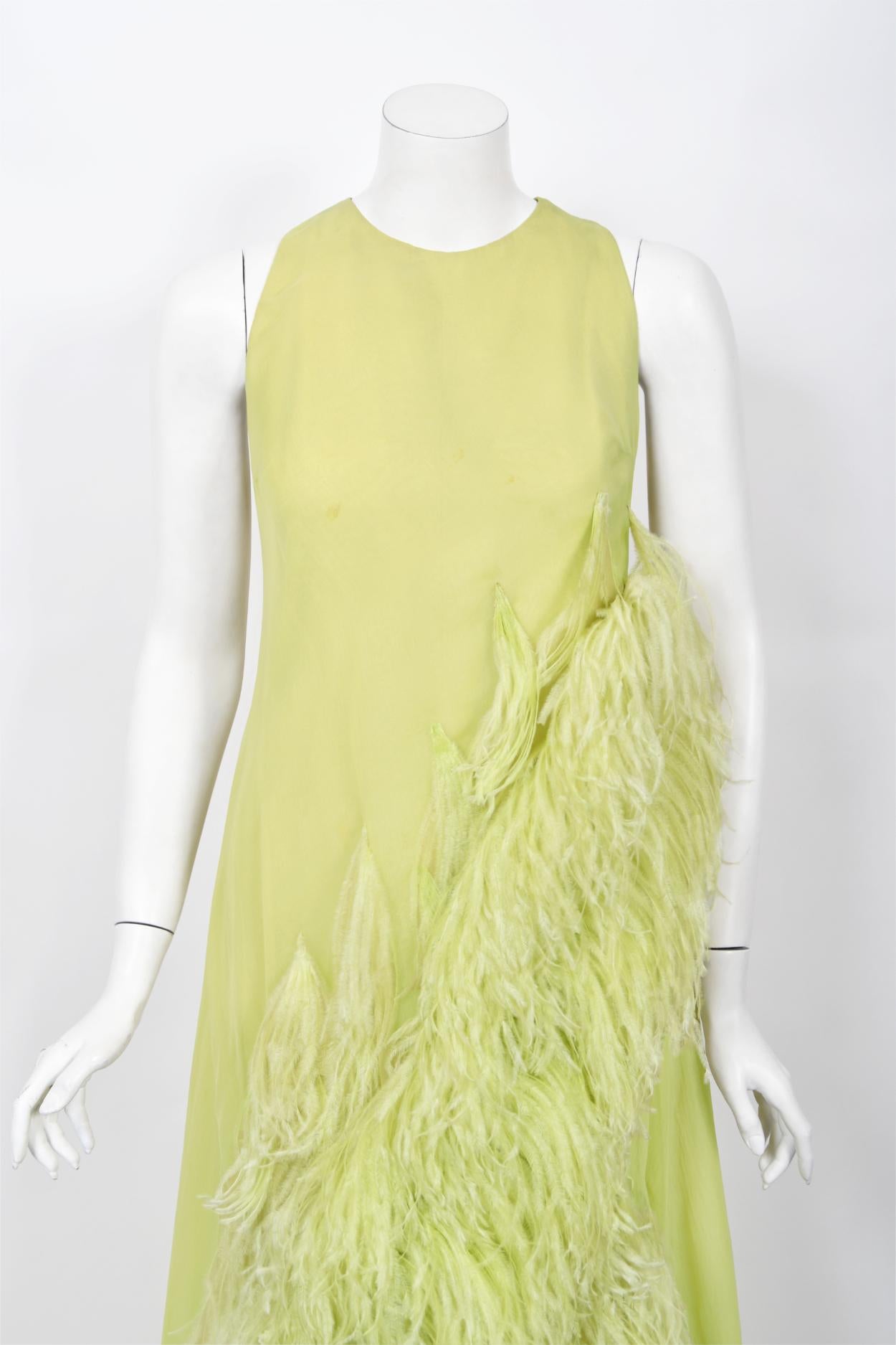1968 Christian Dior Haute Couture Maria Felix Owned Chartreuse Silk Feather Gown For Sale 1