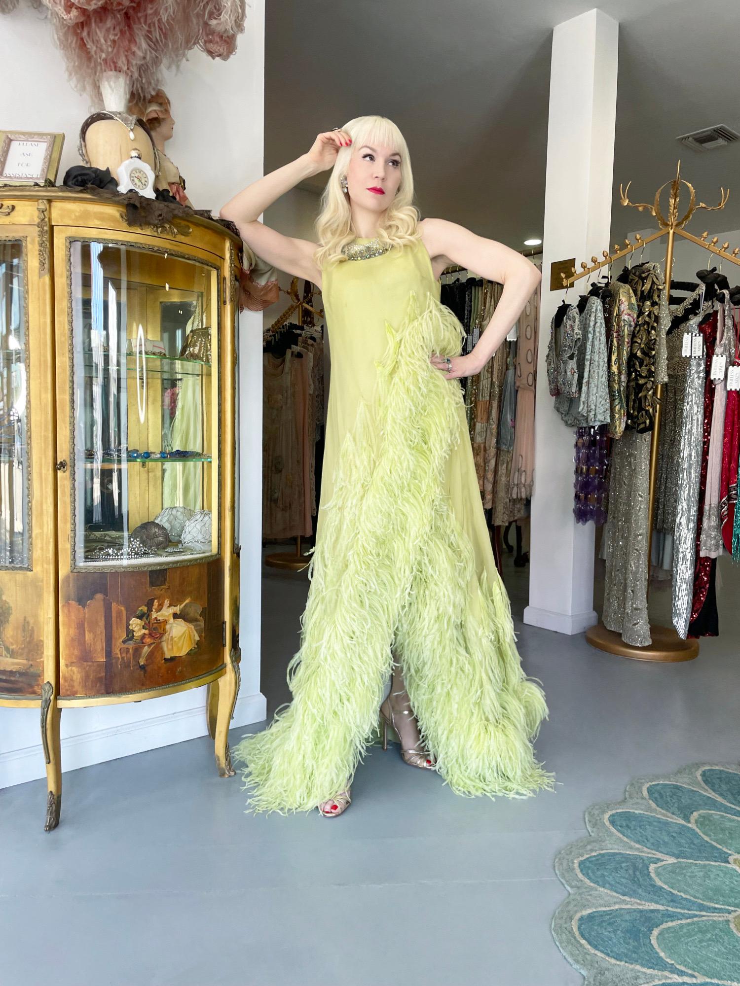 1968 Christian Dior Haute Couture Maria Felix Owned Chartreuse Silk Feather Gown For Sale 2
