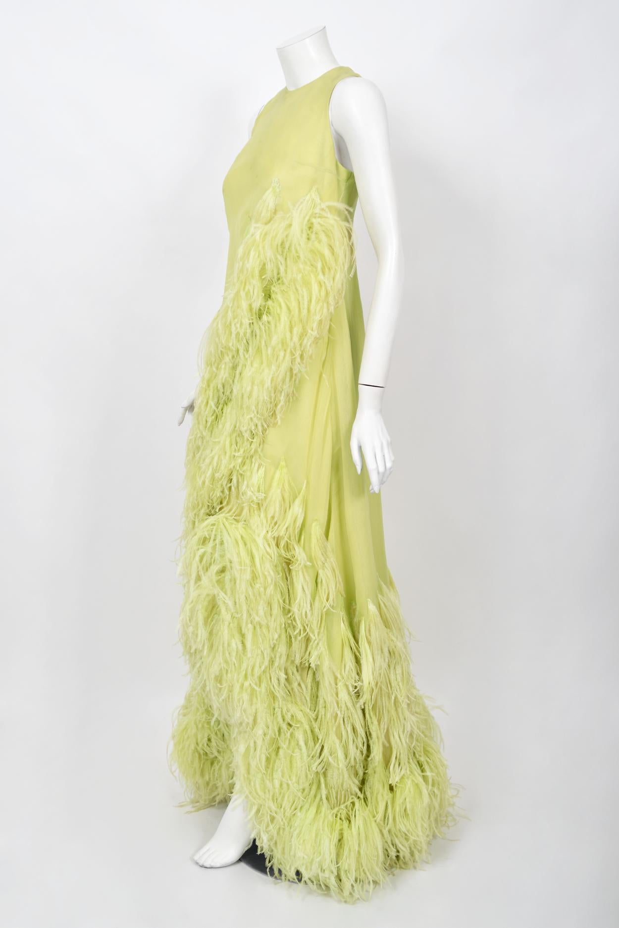 1968 Christian Dior Haute Couture Maria Felix Owned Chartreuse Silk Feather Gown For Sale 3