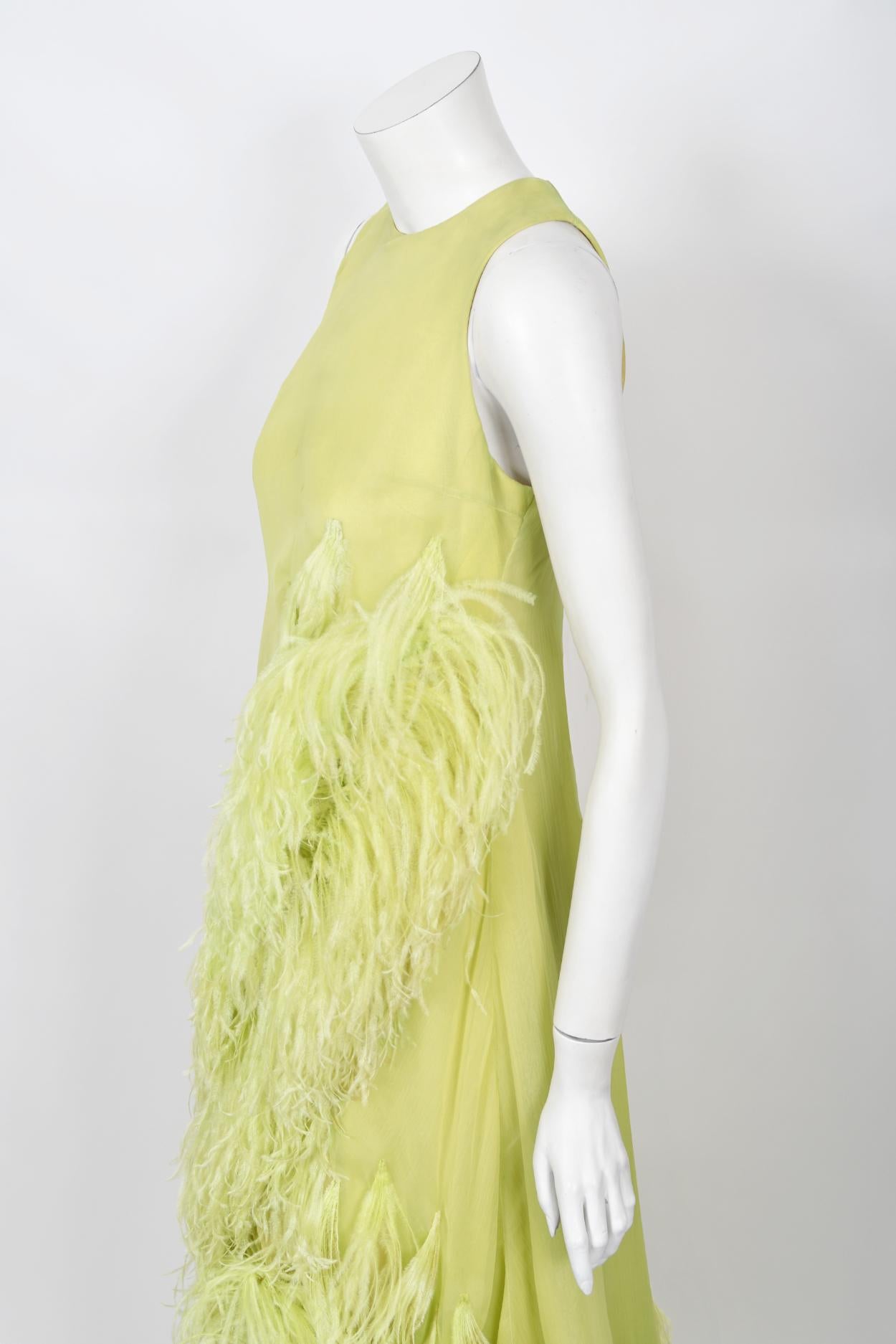 1968 Christian Dior Haute Couture Maria Felix Owned Chartreuse Silk Feather Gown For Sale 4