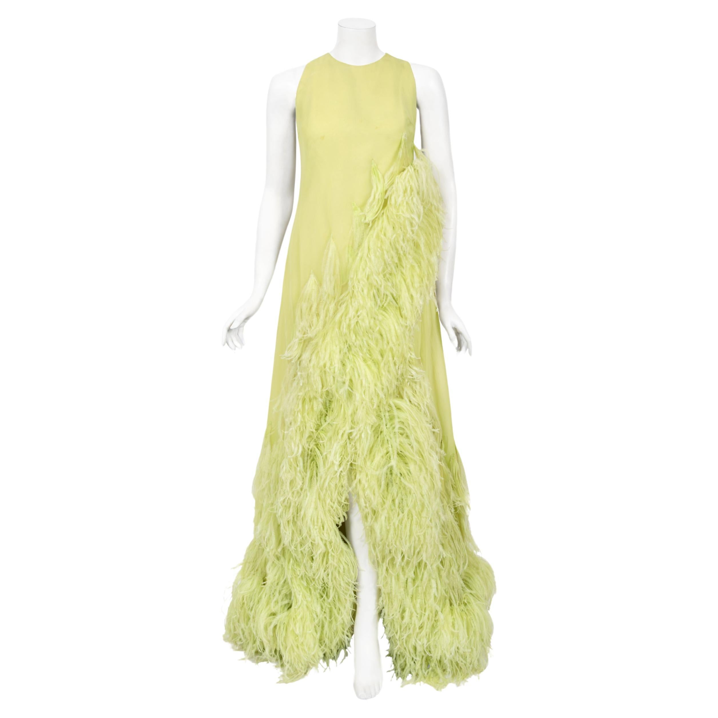 1968 Christian Dior Haute Couture Maria Felix Owned Chartreuse Silk Feather Gown For Sale