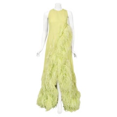 1968 Christian Dior Haute Couture Maria Felix Owned Chartreuse Silk Feather Gown