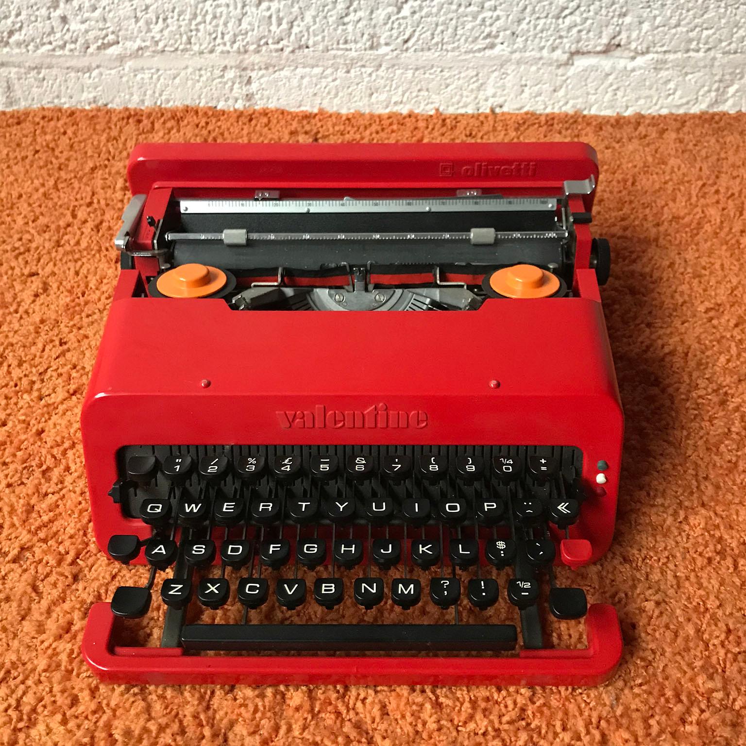 Only One Left !!! 
Red Valentine Typewriter by Olivetti. Three beautiful typewriters are available. Mechanics is still good, but typewriters ribbon needs to be renewed. The typewriters come in a great handy box, which makes carrying possible. The