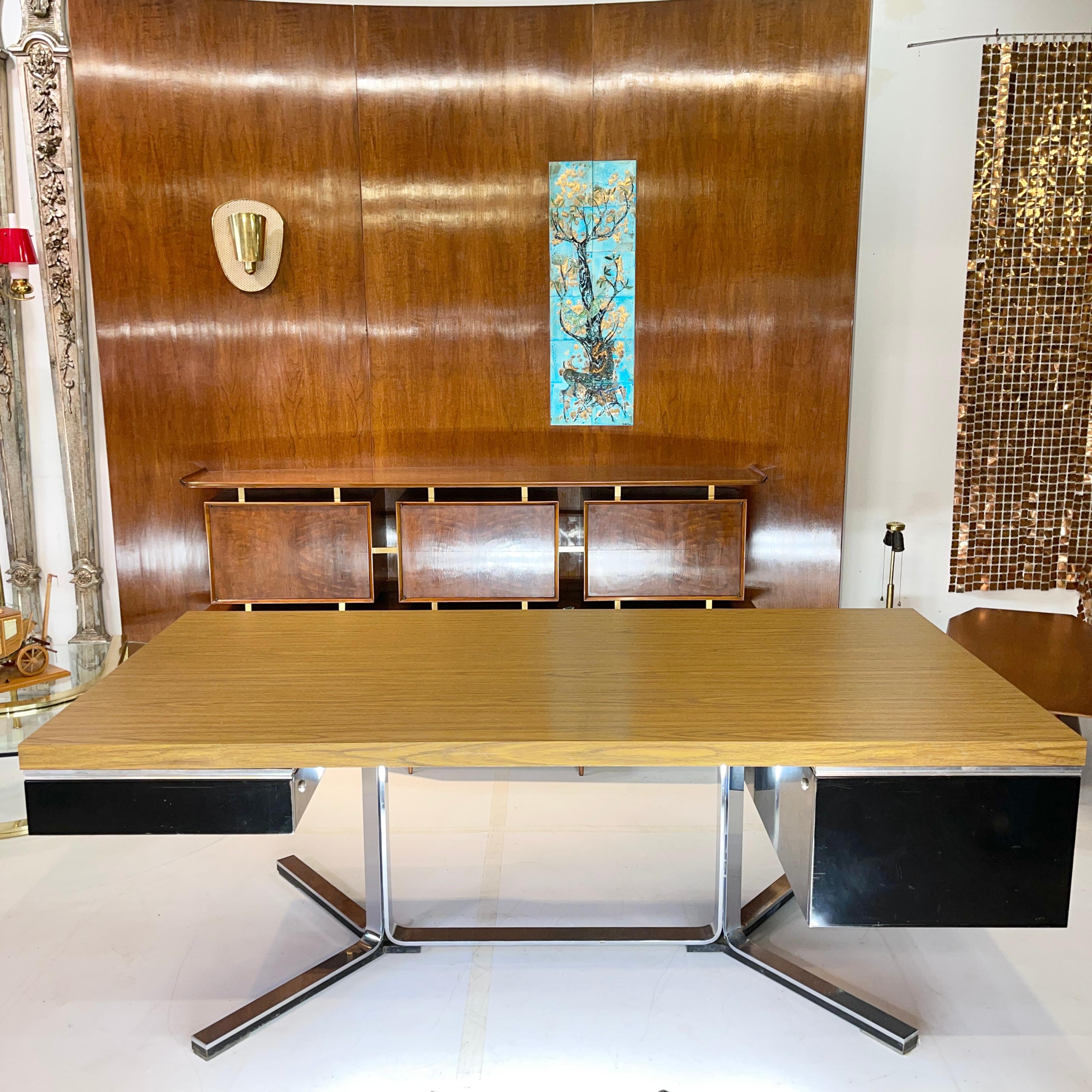 Executive desk formerly belonging to noted architect George M. Notter, (1933–2007) of the Boston firm Anderson Notter Finegold (now known as Finegold Alexander Architects).
Current institutional memory at the firm suggests it was a special order