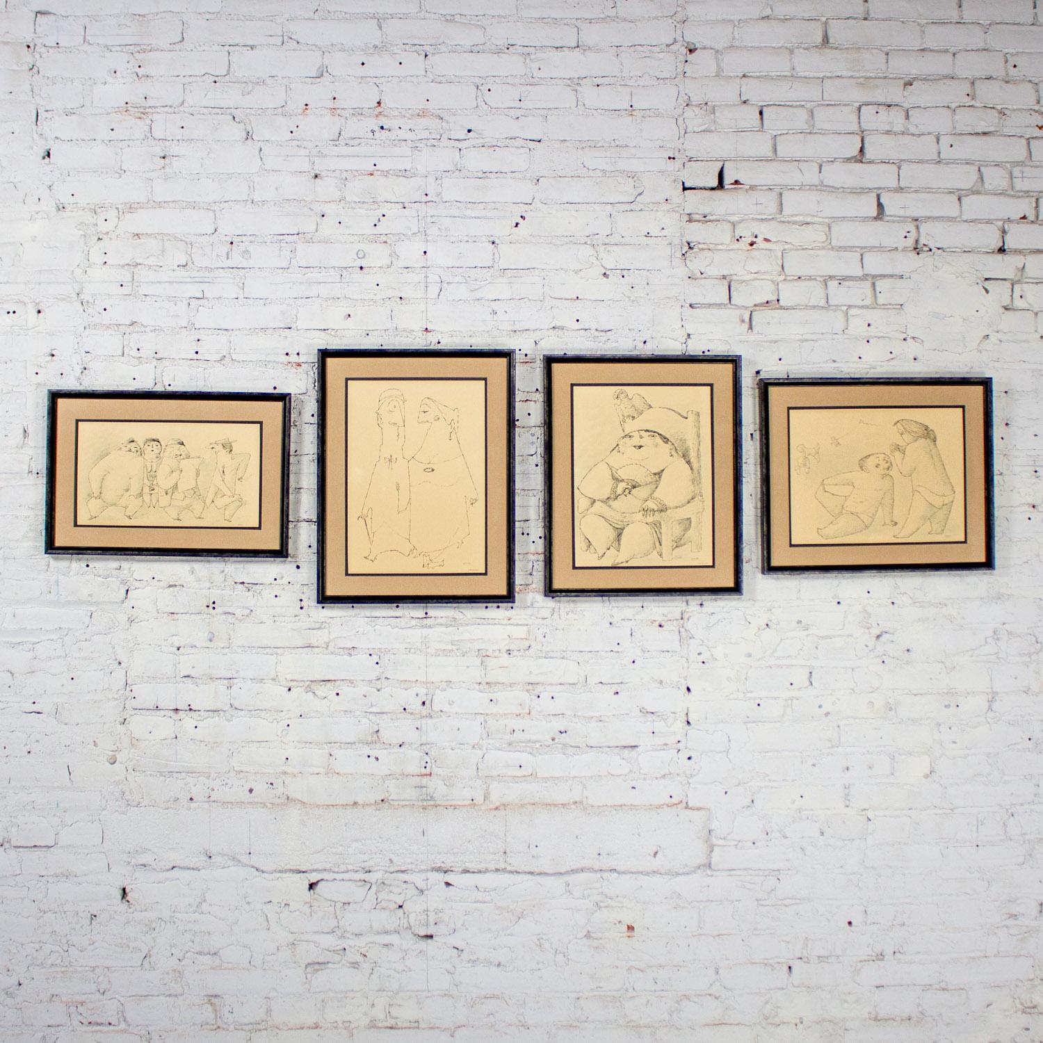 Magnificent vintage Mid-Century Modern fine art prints Alfonso Vila Shum framed sketches set of 4 printed from his original sketches but have no pencil signature as they were printed after his death by Joan Liberty of Liberty Gallery, New Orleans.