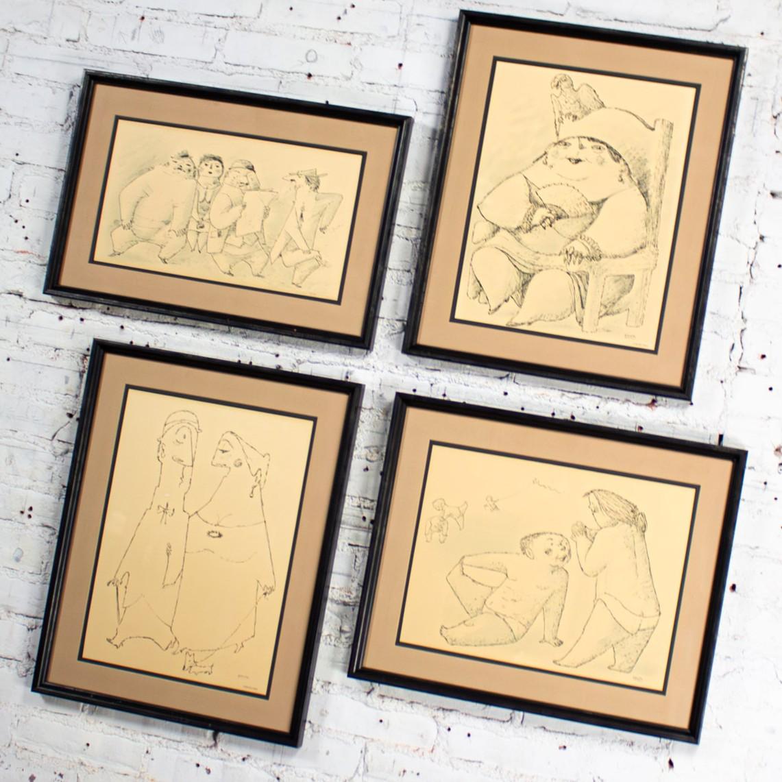 Mid-Century Modern 1968 Fine Art Prints by Alfonso Vila Shum Framed Sketches Set of 4 Unsigned For Sale