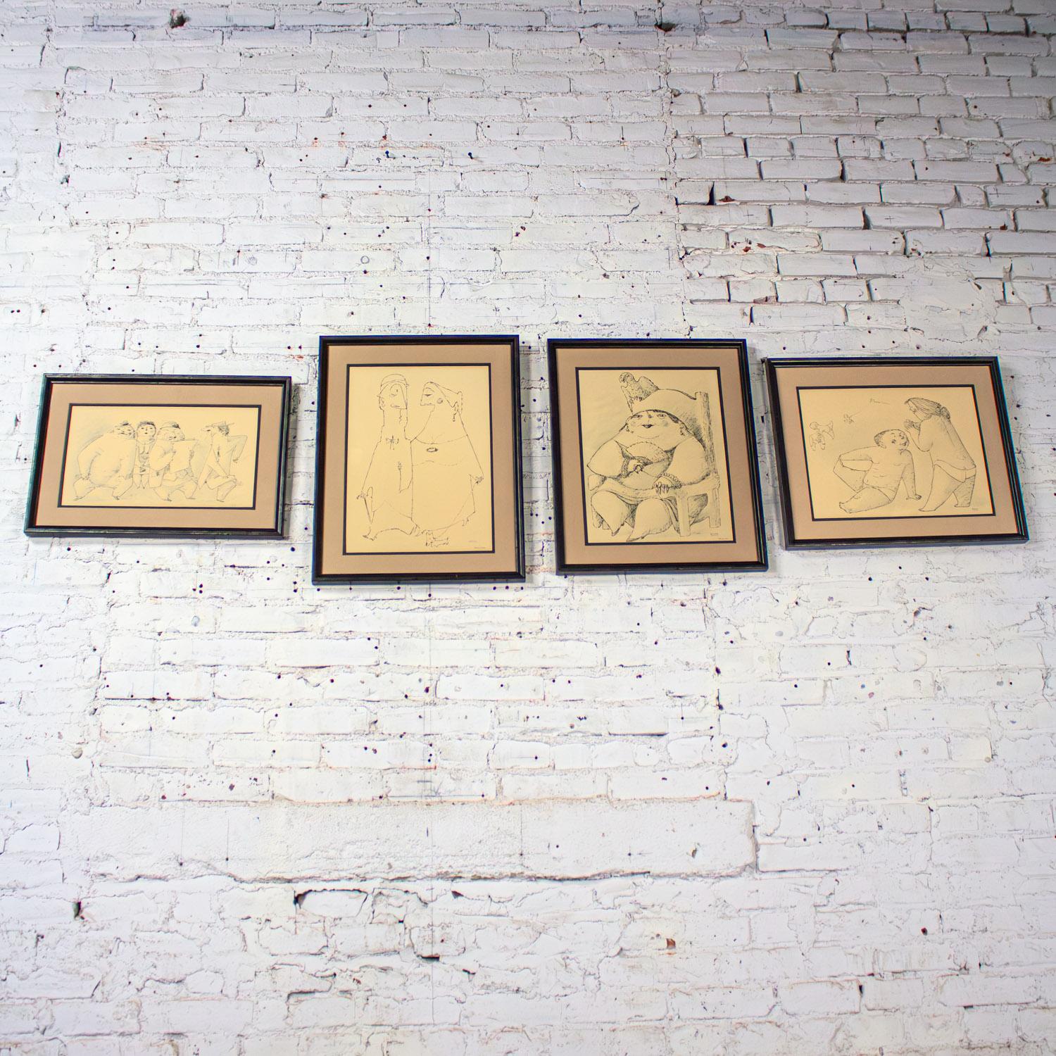 Mid-20th Century 1968 Fine Art Prints by Alfonso Vila Shum Framed Sketches Set of 4 Unsigned For Sale