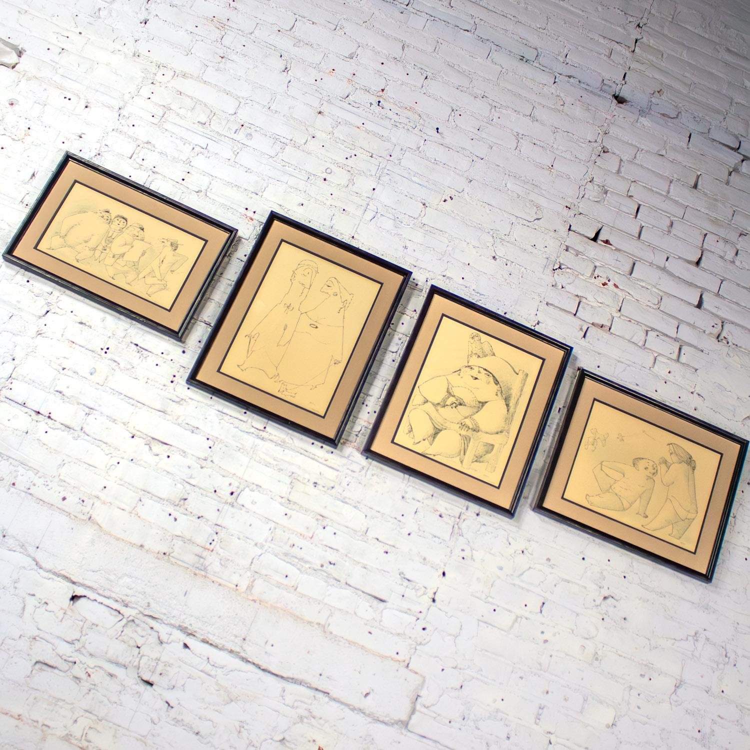 Glass 1968 Fine Art Prints by Alfonso Vila Shum Framed Sketches Set of 4 Unsigned For Sale