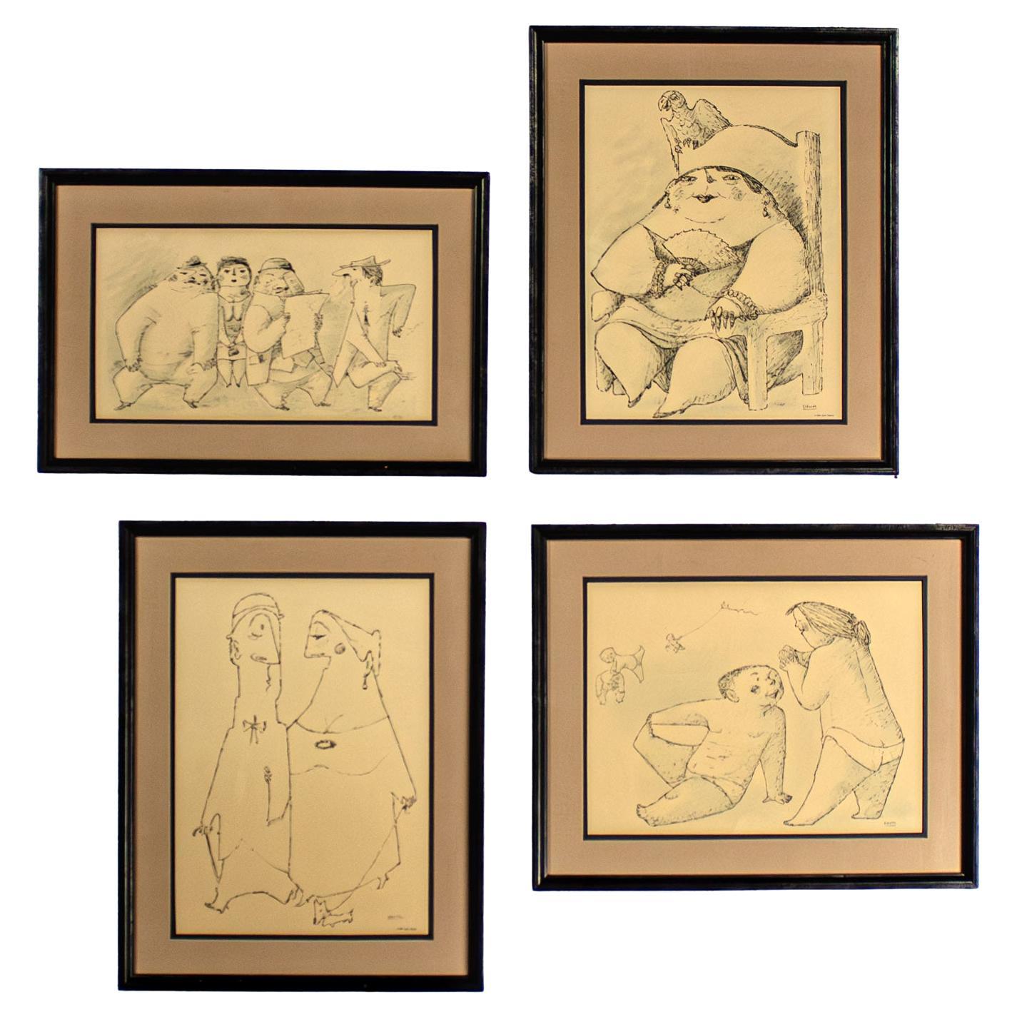 1968 Fine Art Prints by Alfonso Vila Shum Framed Sketches Set of 4 Unsigned For Sale