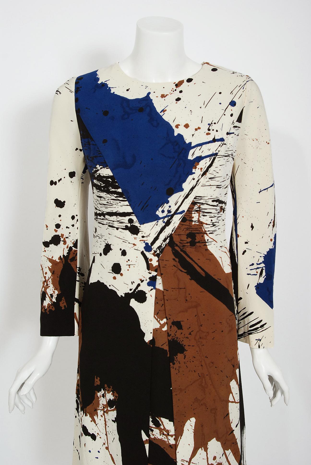 Breathtaking Hanae Mori Couture museum-quality abstract splatter print silk dress dating back to the late 1960's. Whilst on a Paris holiday in 1960, Mori had a fateful fitting with Coco Chanel. She claimed this meeting changed her life and she