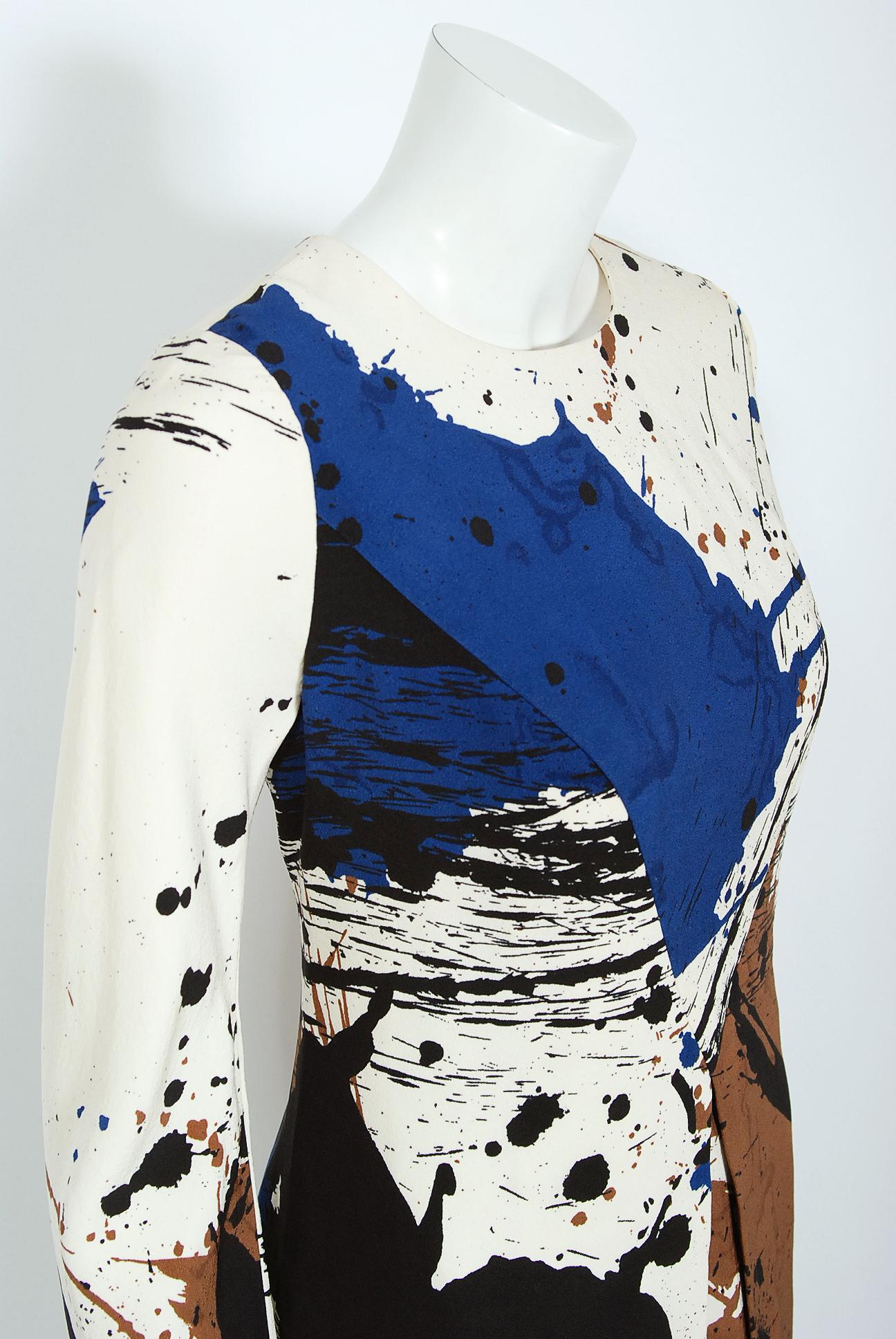 Gray Vintage 1968 Hanae Mori Couture Abstract Splatter Print Silk Long-Sleeve Dress