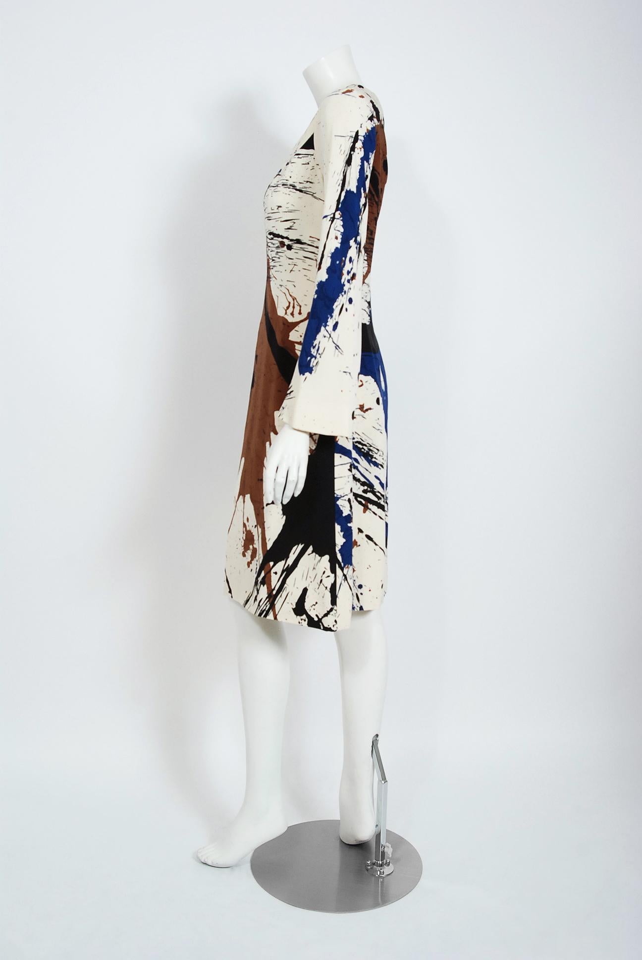 Women's or Men's Vintage 1968 Hanae Mori Couture Abstract Splatter Print Silk Long-Sleeve Dress