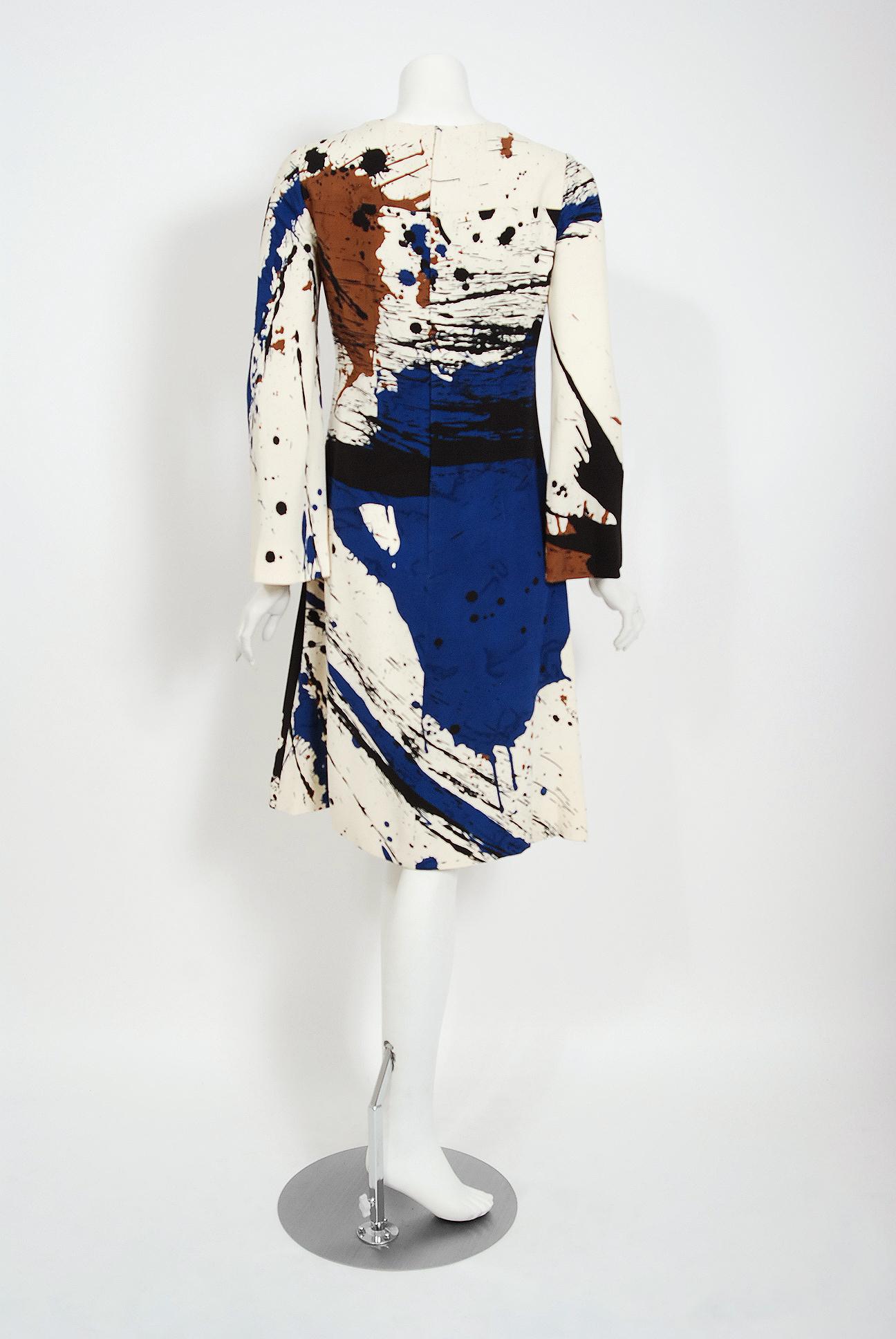 Vintage 1968 Hanae Mori Couture Abstract Splatter Print Silk Long-Sleeve Dress 1