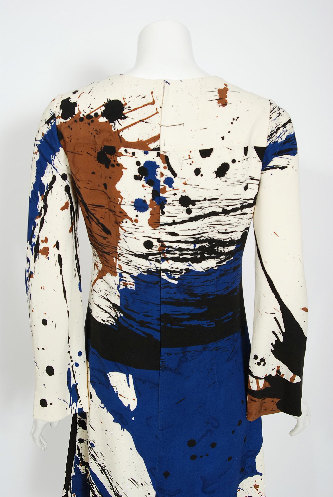 Vintage 1968 Hanae Mori Couture Abstract Splatter Print Silk Long-Sleeve Dress 2
