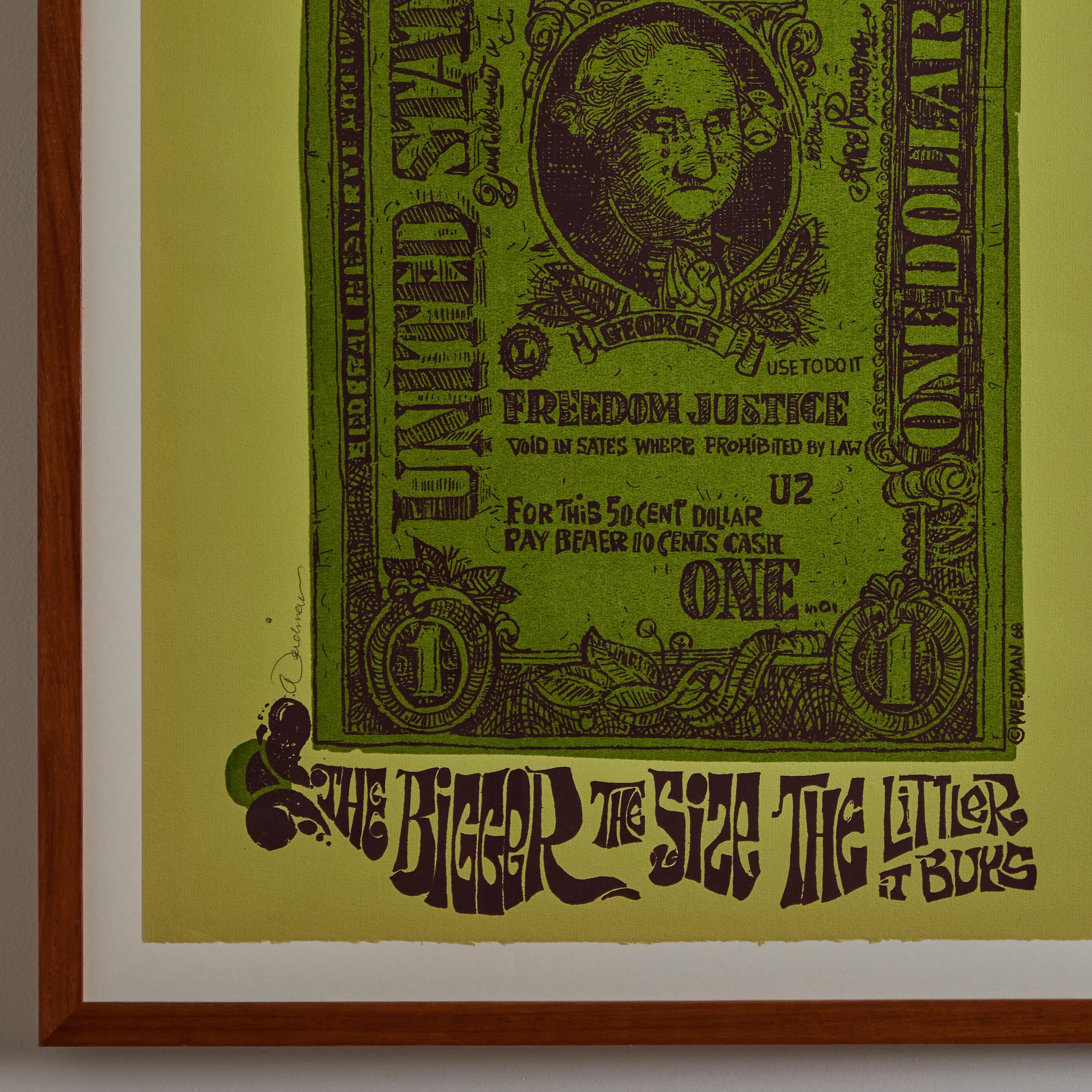 Milieu du XXe siècle Sérigraphie encadrée « Inflated Dollar » de David Weidman, faite à la main et signée à la main, 1968 en vente