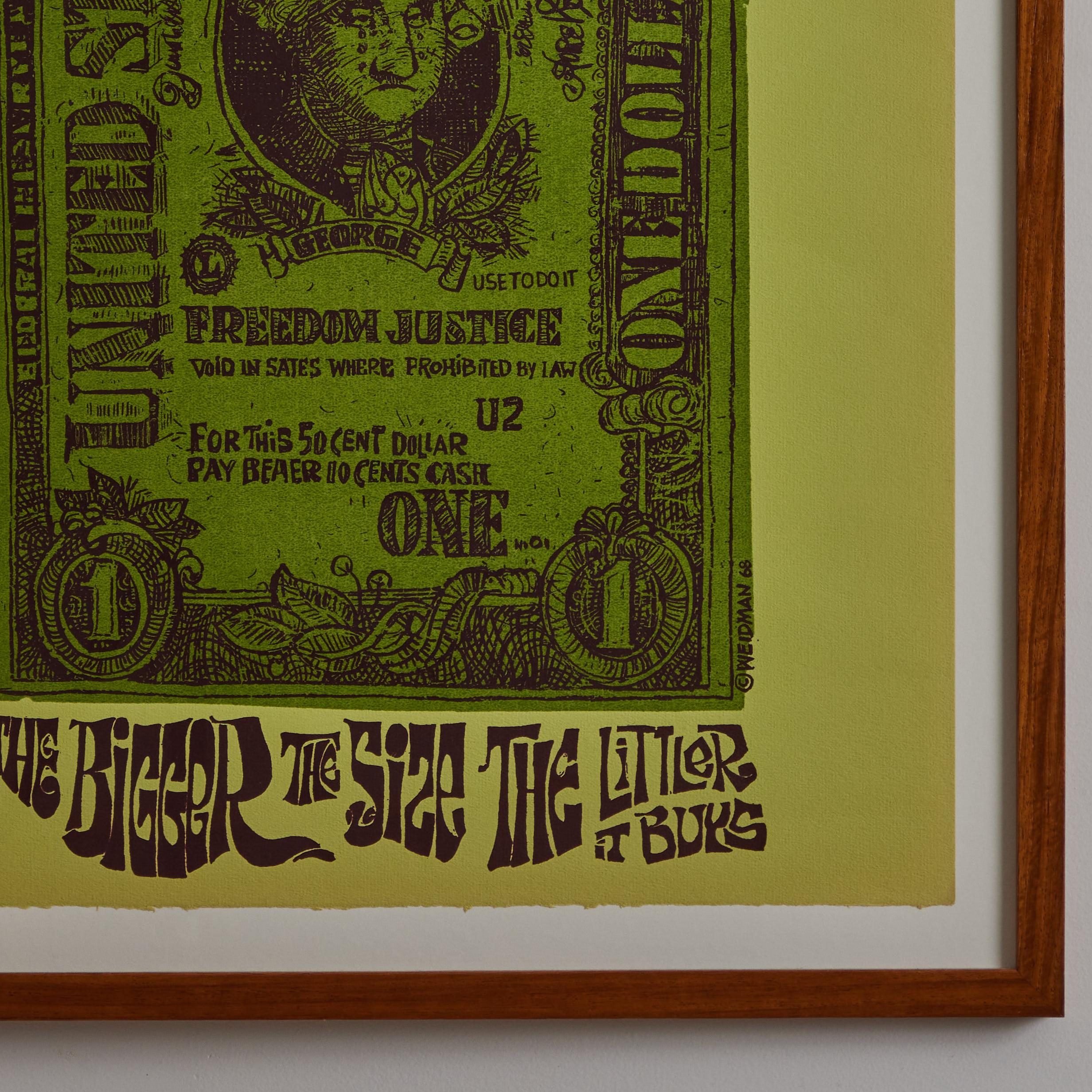 Verre Sérigraphie encadrée « Inflated Dollar » de David Weidman, faite à la main et signée à la main, 1968 en vente
