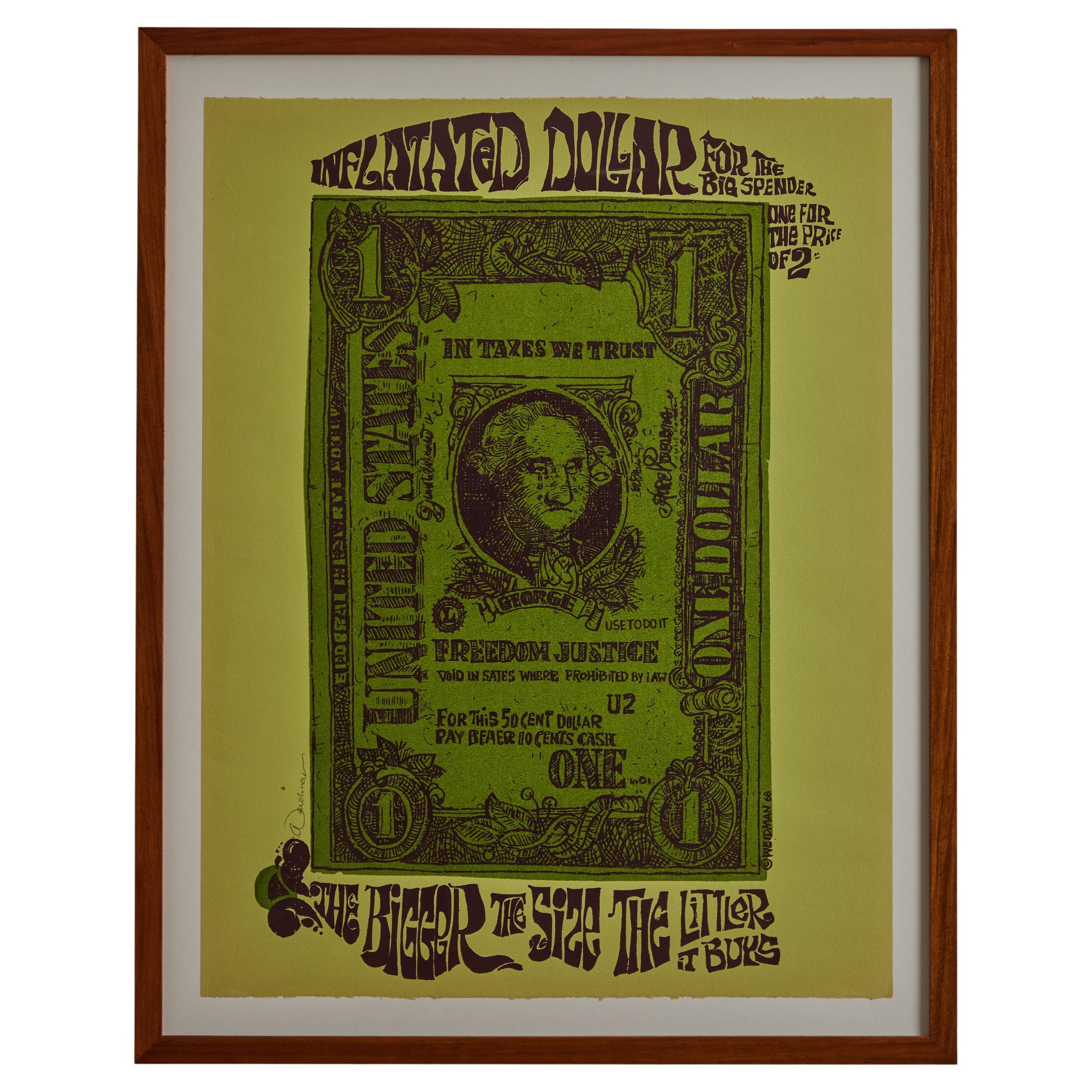 1968 'Inflated Dollar' Handmade & Hand Signed Framed Silkscreen by David Weidman For Sale