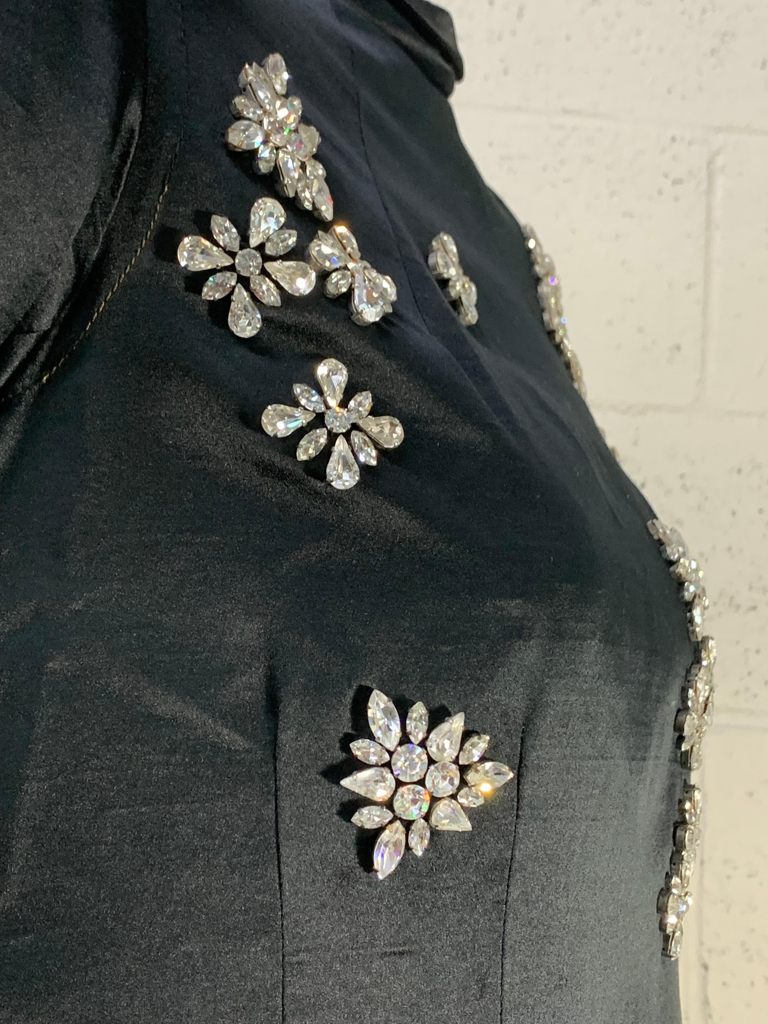 1968 James Galanos Black Silk Satin A-Line Cocktail Dress w Scattered Rhinestone In Excellent Condition For Sale In Gresham, OR